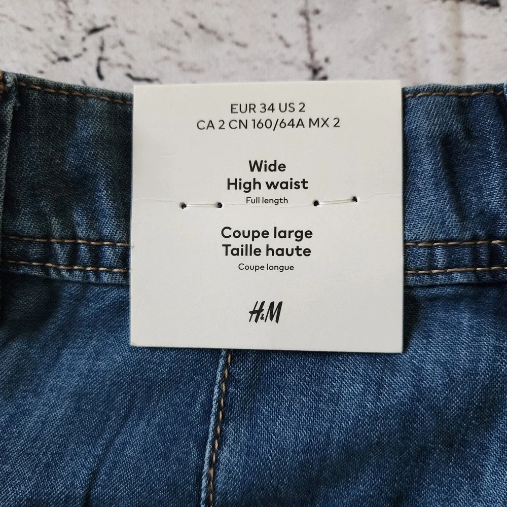 H&M Women Wide High Waist Jeans Blue Medium Wash Patch Pocket Denim US 2 NEW